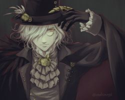  1boy aiguillette ascot bad_id bad_pixiv_id black_gloves black_hat black_jacket brooch cape claw_ring dark edmond_dantes_(fate) expressionless fate/grand_order fate_(series) formal frills gears gloves grey_background hair_over_one_eye half-closed_eyes hand_up hat jacket jewelry long_sleeves looking_at_viewer male_focus messy_hair monocle pale_skin solo steampunk top_hat twitter_username upper_body white_hair yellow_eyes  rating:Sensitive score:7 user:Anonymous