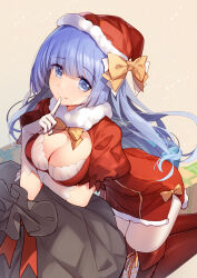 1girl bison_cangshu blue_eyes blue_hair boots box breasts christmas christmas_present cross-laced_footwear date_a_live dotted_background elbow_gloves finger_to_mouth gift gift_box gloves hat highres izayoi_miku lace-up_boots large_breasts long_hair looking_at_viewer red_headwear ribbon sack santa_hat white_gloves 