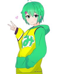  fumishoo green_eyes green_hair heart highres hood hoodie looking_at_viewer peace_symbol  rating:General score:0 user:Fumishoo