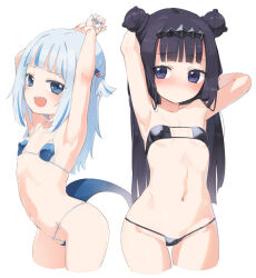  2girls :d armpits arms_up bare_arms bare_shoulders bikini black_bikini black_hair blue_bikini blue_eyes blue_hair blue_nails blush breasts closed_mouth collarbone commentary_request covered_erect_nipples double_bun eyepatch_bikini fins fish_tail gawr_gura groin hair_bun hair_ornament highres hololive hololive_english homura_subaru long_hair looking_at_viewer micro_bikini multicolored_hair multiple_girls nail_polish navel ninomae_ina&#039;nis open_mouth purple_eyes shark_girl shark_tail sharp_teeth simple_background small_breasts smile streaked_hair swimsuit tail teeth two_side_up very_long_hair virtual_youtuber white_background 