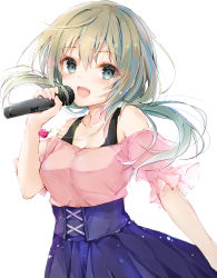  1girl :d absurdres bare_shoulders blue_skirt blush breasts collarbone commentary_request copyright_request green_eyes green_hair hair_between_eyes hand_up highres holding holding_microphone jewelry long_hair looking_at_viewer low_twintails microphone off-shoulder_shirt off_shoulder open_mouth pendant pink_shirt pleated_skirt puffy_short_sleeves puffy_sleeves shirt short_sleeves simple_background skirt small_breasts smile solo twintails virtual_youtuber white_background yagami_shuuichi 