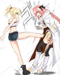  1boy 1girl androgynous astolfo_(fate) ball_busting bandeau bdsm black_bow black_footwear boots bow braid cape cbt combat_boots crotch_kick denim denim_shorts fang fate/apocrypha fate/grand_order fate_(series) femdom garter_straps hair_ribbon highres kicking mordred_(fate) mordred_(fate/apocrypha) mordred_(memories_at_trifas)_(fate) multicolored_hair open_mouth pain pink_hair purple_eyes ribbon shorts single_braid streaked_hair thighhighs trap watarase_piro white_footwear  rating:Sensitive score:77 user:danbooru