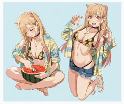 1girl absurdres animal_ears bare_legs barefoot bikini bikini_under_clothes black_bikini black_choker blonde_hair blue_background blush border breasts cat_ears choker closed_mouth collarbone denim denim_shorts ear_piercing earrings feet food fruit full_body gradient_hair grey_border hands_up highres indian_style jewelry kitagawa_marin kneeling legs long_sleeves looking_at_viewer medium_breasts mixed-language_commentary multicolored_hair multiple_views nail_polish navel necklace off_shoulder official_alternate_costume open_clothes open_mouth open_shirt paw_pose piercing pink_eyes pink_hair pink_nails ring shiny_skin shiren_(ourboy83) shoes short_shorts shorts sidelocks sitting sleeves_rolled_up sneakers sono_bisque_doll_wa_koi_wo_suru stomach swimsuit teeth thighs toenail_polish toenails toes torn_clothes torn_shorts upper_teeth_only watermelon white_footwear wristband rating:Sensitive score:69 user:danbooru