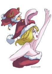  antlers aosora_(mizore) bare_shoulders blonde_hair blue_nose breasts carrot_(one_piece) christmas hat highres hooves horns medium_breasts one_piece open_mouth rabbit_ears rabbit_girl santa_costume santa_hat short_hair simple_background tony_tony_chopper white_background  rating:General score:20 user:CreditCard
