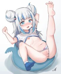 1girl absurdres anus arms_up barefoot blue_eyes blue_hair blue_panties blue_socks blush boppin bow bow_panties cleft_of_venus clenched_hand clothes_lift clothing_aside commentary dot_nose double_bun feet female_focus full_body gawr_gura grey_hair hair_bun hair_ornament highres hololive hololive_english leg_up loli looking_at_viewer lying multicolored_hair navel nipples no_pants nose_blush on_back open_mouth panties panties_aside pink_bow pussy shark_hair_ornament sharp_teeth shirt shirt_lift short_sleeves single_barefoot single_sock socks soles solo streaked_hair striped_clothes striped_panties teeth toes uncensored underwear upper_teeth_only virtual_youtuber white_shirt rating:Explicit score:318 user:danbooru
