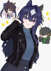  3girls :3 ;d animal_ears atyattyan black_jacket blue_eyes blue_hair blue_ribbon blue_sweater brown_hair cabbie_hat cheval_grand_(umamusume) dark_blue_hair ear_covers green_hoodie green_sweater grey_sweater hair_between_eyes hair_ribbon hat highres hood hooded_sweater hoodie horse_ears horse_girl jacket leather leather_jacket long_hair looking_at_viewer mole mole_under_eye multicolored_hair multiple_girls one_eye_closed open_mouth peaked_cap pink_jacket purple_eyes ribbed_sweater ribbon short_hair siblings simple_background single_ear_cover sisters smile solo_focus sparkle streaked_hair sweater twintails umamusume v_sisters verxina_(umamusume) vivlos_(umamusume) white_background white_hair 