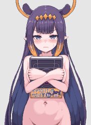  1girl bare_shoulders black_hair blue_eyes blush book completely_nude halo holding holding_book hololive hololive_english long_hair looking_at_viewer navel ninomae_ina&#039;nis nude out-of-frame_censoring pixel_art pointy_ears simple_background solo sweat tentacle_hair very_long_hair virtual_youtuber wavy_mouth zou_eita 