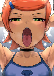 1girl absurdres angry armpits arms_behind_head ben_10 breasts choker crop_top ear_piercing earrings female_focus green_eyes gwen_tennyson hair_ornament hairclip highres jewelry loli looking_at_viewer open_mouth orange_hair piercing saliva short_hair small_breasts solo stud_earrings swept_bangs teeth tomodachi_(tomofanart) tongue tongue_out upper_body rating:Questionable score:233 user:Disastermaster55
