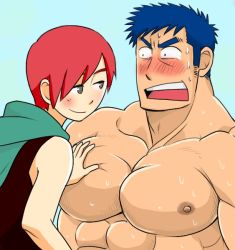  1boy 1girl blue_hair blush hand_on_another&#039;s_chest muscular red_hair reverse_trap smile  rating:Questionable score:4 user:superfightingrobot