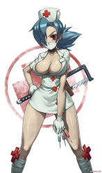  +_+ 1girl bandages between_fingers blue_hair breasts cleavage cross dress eyepatch female_focus gloves hair_over_one_eye hand_on_own_hip hat highres holding knees large_breasts legs looking_at_viewer mask mouth_mask ninja nurse nurse_cap open_clothes open_shirt ponytail red_cross red_eyes saw shirt short_dress short_hair simple_background skullgirls solo speh standing surgical_mask symbol-shaped_pupils syringe syringe_claws thighs valentine_(skullgirls) weapon white_background white_gloves  rating:Sensitive score:138 user:BlueBaroness
