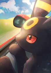  absurdres black_eyes black_fur body_fur car_interior colored_sclera creatures_(company) game_freak gen_2_pokemon grass highres looking_outside nintendo no_humans nullma pokemon pokemon_(creature) red_sclera solo two-tone_fur umbreon yellow_fur 