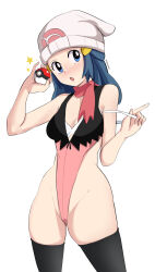  1girl :o beanie black_thighhighs blue_eyes bra breasts cleavage commentary cowboy_shot creatures_(company) curvy dawn_(pokemon) eyelashes game_freak hair_ornament hairclip hat head_tilt highleg highleg_leotard highres holding holding_poke_ball leotard long_hair medium_breasts nintendo open_mouth pabsmikan pink_leotard pink_scarf poke_ball poke_ball_(basic) pokemon pokemon_(anime) pokemon_dppt_(anime) scarf shiny_skin simple_background solo star_(symbol) strap_slip thighhighs thong_leotard underwear white_background white_bra white_hat wide_hips 