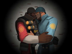 2boys demoman_(tf2) gradient_background interracial kiss male_focus multiple_boys parody skin_contrast soldier_(tf2) team_fortress_2 yaoi  rating:Questionable score:18 user:Submariner