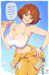  1girl april_o&#039;neil blue_sky body_freckles breasts brown_hair cheese cheese_trail cleavage clothes_around_waist commentary covered_erect_nipples crop_top english_commentary english_text fingernails food freckles green_eyes grin head_tilt highres jumpsuit kajin_(kajinman) large_breasts looking_at_viewer microphone mole mole_on_breast mole_on_stomach multiple_moles narrow_waist pizza red_nails see-through sharp_fingernails short_hair sky smile solo spaghetti_strap speech_bubble sweaty_clothes tank_top teenage_mutant_ninja_turtles teenage_mutant_ninja_turtles_(80s) white_tank_top yellow_jumpsuit 
