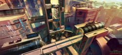  bridge building city cityscape concept_art copyright_name day from_above hologram no_humans outdoors rooftop scenery sign unreal unreal_tournament w-e-z  rating:General score:9 user:danbooru
