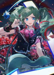  1girl :d absurdres arrow_(symbol) black_jacket black_skirt blue_eyes blue_nails blush bow bowtie breasts buttons collared_shirt commentary_request cowboy_shot double-breasted falling_petals fingernails frilled_sleeves frilled_wrist_cuffs frills green_hair hair_ornament hand_up hatsune_miku highres holding holding_instrument holding_plectrum instrument instrument_request jacket large_breasts leo/need_miku long_hair looking_at_viewer mihoranran multicolored_hair nail_polish open_mouth parted_bangs petals pink_bow pink_bowtie plaid plaid_skirt plaid_sleeves plaid_wrist_cuffs plectrum project_sekai red_hair red_skirt red_sleeves safety_pin shirt shooting_star_(symbol) short_sleeves shoulder_strap sidelocks skirt smile solo star_(symbol) starry_background streaked_hair thick_eyelashes twintails v-shaped_eyebrows vocaloid white_shirt wrist_cuffs 