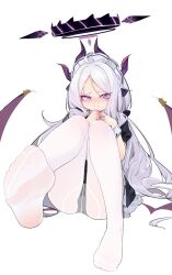  1girl absurdres black_horns blue_archive blush closed_mouth demon_horns demon_wings e_hair feet halo highres hina_(blue_archive) horns long_hair multiple_horns painterliuhao pantyhose puffy_short_sleeves puffy_sleeves purple_eyes purple_wings short_sleeves simple_background soles solo toes white_background white_pantyhose wings wrist_cuffs 