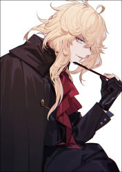  1boy ascot asymmetrical_sidelocks black_gloves black_pants black_robe blonde_hair blue_eyes chromatic_aberration closed_mouth folded_fan folding_fan from_side gloves hand_fan highres holding holding_fan ichimonji_norimune long_hair long_sleeves looking_at_viewer male_focus pants parted_lips partially_fingerless_gloves red_ascot robe simple_background smile solo touken_ranbu white_background yamada_chickenko 
