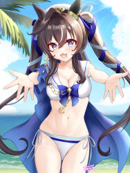  1girl animal_ears beret blush breasts brown_hair cloud collarbone commentary_request earrings hair_between_eyes hair_ornament hat highres horse_ears horse_girl horse_tail incoming_hug jewelry kumakotoy looking_at_viewer medium_breasts mole mole_under_eye navel ocean open_mouth ribbon signature single_earring sky solo swimsuit tail twintails umamusume vivlos_(umamusume) 