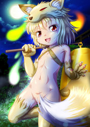 1girl :d animal_hands bell blonde_hair body_fur bottomless covered_erect_nipples ebi_daruma fang female_focus flat_chest foot_out_of_frame fox_girl fox_hat fox_tail full_moon grass halterneck highres loli looking_at_viewer moon moonlight_flower navel open_mouth outdoors ragnarok_online red_eyes short_hair smile solo staff tail tail_censor