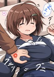 10s 1girl ^_^ ahoge anger_vein bed brave_witches breast_envy grabbing_another&#039;s_breast breasts closed_eyes closed_eyes grabbing hair_ornament hairclip kanno_naoe karibuchi_hikari large_breasts neckerchief one-piece_swimsuit open_mouth pillow school_uniform serafuku short_hair sleeping solo_focus strike_witches swimsuit tsuzuri_(tuzuri) upper_body world_witches_series zzz rating:Sensitive score:26 user:danbooru