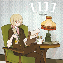  1boy 2012 afuro_terumi androgynous armchair blonde_hair bow brown_pants brown_suit buttons chair clipboard coffee_cup crossed_legs cup dated disposable_cup english_text food formal frown hair_between_eyes hair_bow holding holding_clipboard holding_cup inazuma_eleven_(series) inazuma_eleven_go indoors l_hakase lamp long_hair male_focus mouth_hold mug necktie newspaper orange_eyes pants pink_bow pink_necktie pocky ponytail sidelocks sitting sleeves_rolled_up solo suit table wallpaper_(object) 