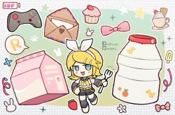 1girl :3 anmyu battery_indicator belt black_shorts black_sleeves black_socks blonde_hair blue_eyes blush_stickers bow chibi coffee_mug controller cup detached_sleeves facebook_logo flower food fruit game_controller hair_bow hair_ornament hair_ribbon hairclip hand_on_own_hip holding holding_spork kagamine_rin letter light_blush looking_at_viewer milk_carton mug neckerchief number_tattoo open_mouth outline pink_bow pink_ribbon popsicle ribbon shirt short_hair shorts shoulder_tattoo socks solo sparkle spork star_(symbol) strawberry tattoo twitter_logo twitter_username vocaloid white_flower white_footwear white_outline white_shirt x yakult yellow_belt yellow_neckerchief