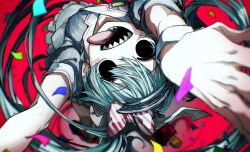  1girl apron aqua_hair arms_up bow breasts confetti from_above grey_jacket grey_skirt hair_bow hatsune_miku highres hollow_eyes inline_skates jacket long_hair looking_at_viewer looking_up mesmerizer_(vocaloid) nagamu_(ngm) open_mouth reaching reaching_towards_viewer red_background roller_skates shadow sharp_teeth sidelocks skates skirt small_breasts smile solo standing teeth tongue tongue_out twintails very_long_hair visor_cap waist_apron wrist_cuffs 