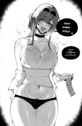  1girl absurdres breasts cleavage condom condom_in_mouth condom_wrapper eyewear_on_head greyscale heavy_breathing highres honkai:_star_rail honkai_(series) kafka_(honkai:_star_rail) large_breasts long_hair looking_at_viewer masoq monochrome mouth_hold navel panties purple_eyes smile solo spot_color sweat tank_top underwear  rating:Sensitive score:31 user:danbooru