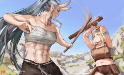  2girls abs armpits arms_up bandages bandeau bare_arms bare_shoulders blonde_hair blue_sky breasts brown_shorts chest_sarashi cloud commentary day female_focus frown grey_hair holding holding_weapon horns linea_alba long_hair medium_breasts midriff multiple_girls muscular muscular_female nashidrop navel oni_horns original outdoors patreon_logo plump pointy_ears ponytail sarashi shorts single_horn sky standing stomach strapless sweat tareme training tube_top upper_body very_long_hair watermark weapon web_address  rating:Sensitive score:18 user:danbooru