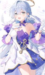  1girl :d absurdres aqua_eyes bare_shoulders breasts choker commentary cowboy_shot detached_sleeves dress grey_hair hair_intakes hand_on_own_hip hands_up head_wings highres honkai:_star_rail honkai_(series) long_hair looking_at_viewer mokyuko open_mouth purple_choker robin_(honkai:_star_rail) short_sleeves small_breasts smile solo staff_(music) standing strapless strapless_dress thighs very_long_hair white_background white_dress wings 