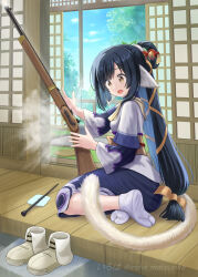 1girl absurdres animal_ears bell black_dress black_hair blue_hair blue_sky breasts brown_eyes brown_footwear brown_ribbon cloud commission day dress explosion gun hair_bun hair_ribbon highres holding holding_gun holding_weapon iroha_(iroha_matsurika) jingle_bell kuon_(utawarerumono) layered_sleeves long_hair long_sleeves multicolored_hair obi open_mouth outdoors pixiv_commission ribbon sash shoes short_over_long_sleeves short_sleeves sky small_breasts soles solo surprised tabi tail two-tone_hair unworn_shoes utawarerumono utawarerumono:_itsuwari_no_kamen very_long_hair weapon weapon_request wide_sleeves 