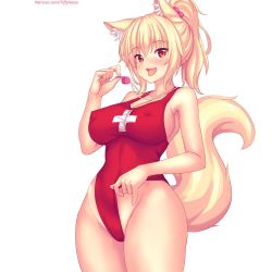1girl animal_ear_fluff animal_ears blonde_hair blush breasts cat_ears cat_tail cleavage clothes_pull commentary covered_erect_nipples cowboy_shot english_commentary fang frontal_wedgie high_ponytail highres impossible_clothes impossible_swimsuit large_breasts looking_at_viewer medium_hair nottytiffy one-piece_swimsuit one-piece_swimsuit_pull open_mouth original patreon_username red_eyes slit_pupils solo standing swimsuit tail tiffy_(nottytiffy) tongue tongue_out watermark web_address wedgie whistle white_background rating:Sensitive score:63 user:danbooru