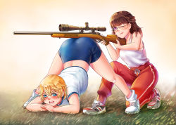  2girls aiming all_fours anh_thuy ass between_buttocks blonde_hair bloomers blue_eyes blush bob_cut bolt_action brown_hair buruma darun_khanchanusthiti embarrassed flexible glasses grass gun gym_uniform heike_grislawski highres holding holding_gun holding_weapon jack-o&#039;_challenge kneeling long_hair loose_socks multiple_girls one_eye_closed open_mouth original pants purple_eyes red_pants rifle scope shiny_skin shoes short_hair shy smile sneakers sniper_rifle socks spread_legs stretching sweat tank_top thighs track_pants underwear weapon wide_spread_legs 