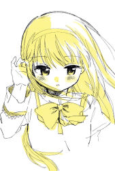  1girl akemi_homura blush_stickers bow bowtie collared_shirt commentary_request cropped_torso eyelashes fingernails hairband hand_in_own_hair high_collar juliet_sleeves lace-trimmed_sleeves lace_trim long_hair long_sleeves looking_at_viewer mahou_shoujo_madoka_magica mahou_shoujo_madoka_magica_(anime) mitakihara_school_uniform no+bi= palms parted_lips puffy_sleeves school_uniform shirt simple_background solo very_long_hair white_background yellow_theme 