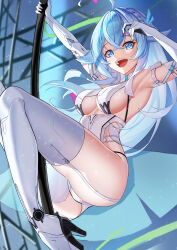  1girl absurdres ahoge arm_strap armpits arms_up ass bare_shoulders blue_eyes blue_hair boots braid breasts bright_pupils clothing_cutout dai_mao_xuan_yi elbow_gloves garter_straps gloves gradient_hair high_heel_boots high_heels highres knees_up large_breasts leg_up leotard long_hair looking_at_viewer loslyn_(tower_of_fantasy) multicolored_hair open_mouth panty_straps pelvic_curtain pole pole_dancing revealing_clothes see-through side_cutout sideboob sideless_leotard smile solo spaghetti_strap stripper_pole teeth thigh_boots thighhighs thighs tower_of_fantasy underboob underboob_cutout upper_teeth_only white_footwear white_gloves white_hair white_leotard white_thighhighs 
