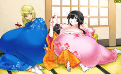 3girls black_eyes black_hair blonde_hair blue_kimono breast_smother breasts copyright_request face_to_breasts gigantic_breasts green_eyes japanese_clothes kimono multiple_girls orange_kimono pink_kimono sudachi_(omc) rating:Questionable score:47 user:railbreaker