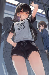  7gao arm_up backpack bag black_hair black_shorts blunt_bangs blush breasts cameltoe cleft_of_venus clenched_teeth contrapposto crowd dolphin_shorts female_masturbation female_orgasm from_below hair_ornament hairclip hand_under_clothes highres looking_at_another looking_down masturbation medium_breasts medium_hair orgasm original print_shirt public_indecency public_masturbation pussy_juice raglan_sleeves red_eyes shirt short_sleeves shorts sidelocks solo_focus squinting standing stealth_masturbation sweat teeth thick_eyelashes train_interior x-ray  rating:Questionable score:283 user:danbooru