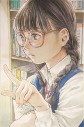  1girl black_eyes black_hair blue_vest book bookshelf braid brown-framed_eyewear brown_hair close-up collared_shirt from_side glasses hair_behind_ear hair_over_shoulder highres index_finger_raised indoors jimiko library long_hair long_sleeves looking_to_the_side marker_(medium) matsunoha neck_ribbon original parted_lips pointing purple_ribbon ribbon shirt solo traditional_media twin_braids vest white_shirt  rating:General score:14 user:danbooru