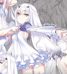  1girl back breasts brown_eyes choco_(chocolate_shop) dress dressing melusine_(fate) melusine_(second_ascension)_(fate) fate/grand_order fate_(series) forked_eyebrows frills highres long_hair long_sleeves looking_at_viewer multiple_views sidelocks small_breasts thighs tying_hair white_dress white_hair  rating:Sensitive score:36 user:danbooru