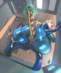 1girl absurdres anal_beads artist_name ass blonde_hair blue_bodysuit blue_eyes blue_lips bodysuit breasts cameltoe cleft_of_venus commentary covered_erect_nipples flying_sweatdrops highres large_breasts lipstick long_hair makeup metroid metroid_(creature) namespace nintendo samus_aran sex_toy signature solo squatting xenophilia zero_suit rating:Explicit score:164 user:danbooru