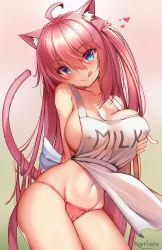  1girl :p animal_ears antenna_hair apron arms_behind_back blue_eyes blush breasts breasts_squeezed_together cat_ears cat_girl cat_tail cleavage collarbone covered_erect_nipples english_text gradient_background heart highres kaptivate lactation lactation_through_clothes large_breasts long_hair looking_at_viewer navel nearly_naked_apron nekomia_(kaptivate) original panties pink_hair pink_panties signature sleeveless smile solo tail tongue tongue_out underwear very_long_hair  rating:Questionable score:117 user:danbooru