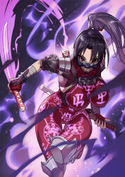  1girl aura black_eyes black_hair bodysuit breasts covered_erect_nipples fingerless_gloves full-body_tattoo gloves glowing_tattoo high_ponytail highres holding holding_sword holding_weapon large_breasts long_hair looking_at_viewer mask mouth_mask pubic_tattoo red_bodysuit red_gloves sheath solo soul_calibur sword sword_behind_back taki_(soulcalibur) tattoo weapon yagi2013 
