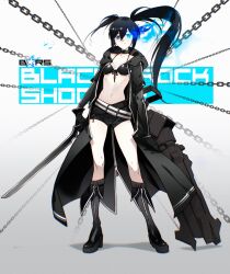 1girl belt belt_collar bikini bikini_top_only black_belt black_bikini black_coat black_collar black_footwear black_gloves black_hair black_rock_shooter black_rock_shooter_(character) black_shorts blue_eyes boots breasts bright_pupils cannon cesar_art456 chain closed_mouth coat collar commentary contrapposto copyright_name double-parted_bangs english_commentary flaming_eye floating_hair front-tie_bikini_top front-tie_top full_body gloves gradient_background hair_between_eyes halterneck high_heel_boots high_heels highres holding holding_sword holding_weapon knee_boots long_hair looking_at_viewer multiple_belts navel open_clothes open_coat pale_skin platform_boots platform_footwear shadow short_shorts shorts small_breasts solo split_mouth standing star_(symbol) swimsuit sword text_background twintails very_long_hair weapon white_belt white_pupils zipper 
