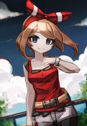  1girl bike_shorts bike_shorts_under_shorts blonde_hair blue_eyes bow_hairband bracelet breasts cleavage closed_mouth cloud commentary_request cowboy_shot creatures_(company) eyelashes fanny_pack fence game_freak hairband hand_up highres holding holding_poke_ball jewelry looking_at_viewer makaroll may_(pokemon) nintendo outdoors poke_ball poke_ball_(basic) pokemon pokemon_oras red_hairband red_shirt shirt shorts sky sleeveless sleeveless_shirt smile solo yellow_bag 