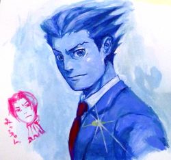  2boys ace_attorney blue_suit buttons capcom formal japanese_text miles_edgeworth multiple_boys neckerchief necktie phoenix_wright red_neckwear solo_focus sparkle spiked_hair suit writing  rating:General score:2 user:CodeNemesis