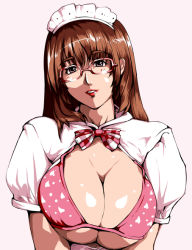  1girl bad_id bad_pixiv_id bow bowtie breasts breasts_squeezed_together brown_eyes brown_hair cleavage glasses large_breasts long_hair maid_headdress original saruanu solo  rating:Questionable score:37 user:danbooru