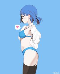  1girl absurdres artist_name bikini black_thighhighs blue_background blue_bikini blue_hair breasts character_request closed_mouth commission copyright_request from_side hair_ornament hairclip heart highres medium_breasts once_11h short_hair sideboob simple_background solo speech_bubble spoken_heart swimsuit thighhighs undressing 