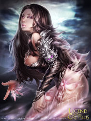  1girl absurdres armor breasts brown_hair dated glowing glowing_eyes highres jewelry large_breasts legend_of_the_cryptids long_hair ring sideboob skull solo white_eyes zhang_wei_yi 
