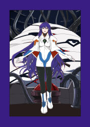 1girl alternate_costume alternate_hair_color black_pantyhose blue_border blue_eyes border breasts capelet chest_jewel closed_mouth commentary_request corruption dark_persona deus_(xenogears) elhaym_van_houten gloves highres long_hair miang_hawwa monolith_soft official_alternate_costume official_alternate_hair_color outstretched_arms pantyhose possessed possession purple_hair smile solo spoilers square_enix standing tentaizukan tube turtleneck uniform very_long_hair xeno_(series) xenogears